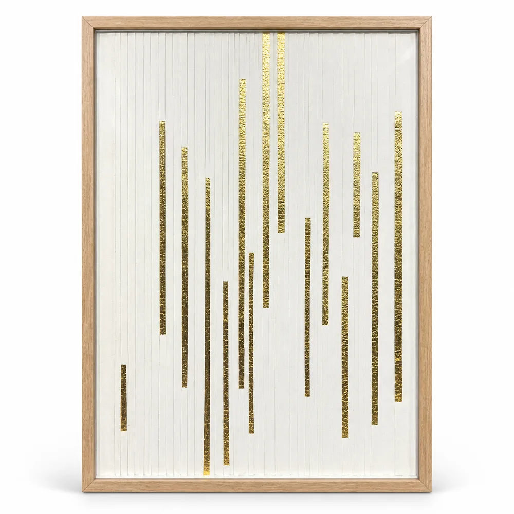 Quadro Artesanal Abstrato Linhas em Folha de Ouro Com Vidro 50x70cm