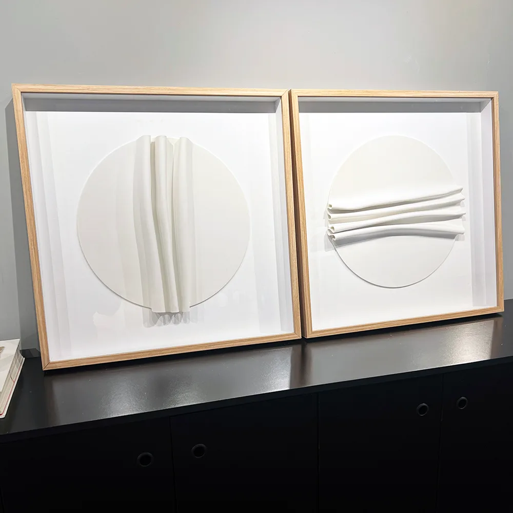 Kit 2 Quadros Artesanais Círculos Branco em Camadas I Sem Vidro 60x60cm